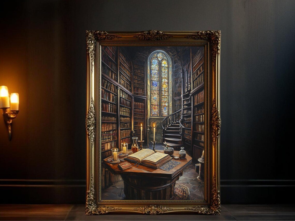 Enchanting Library Stained Glass Window, Cozy Reading Nook