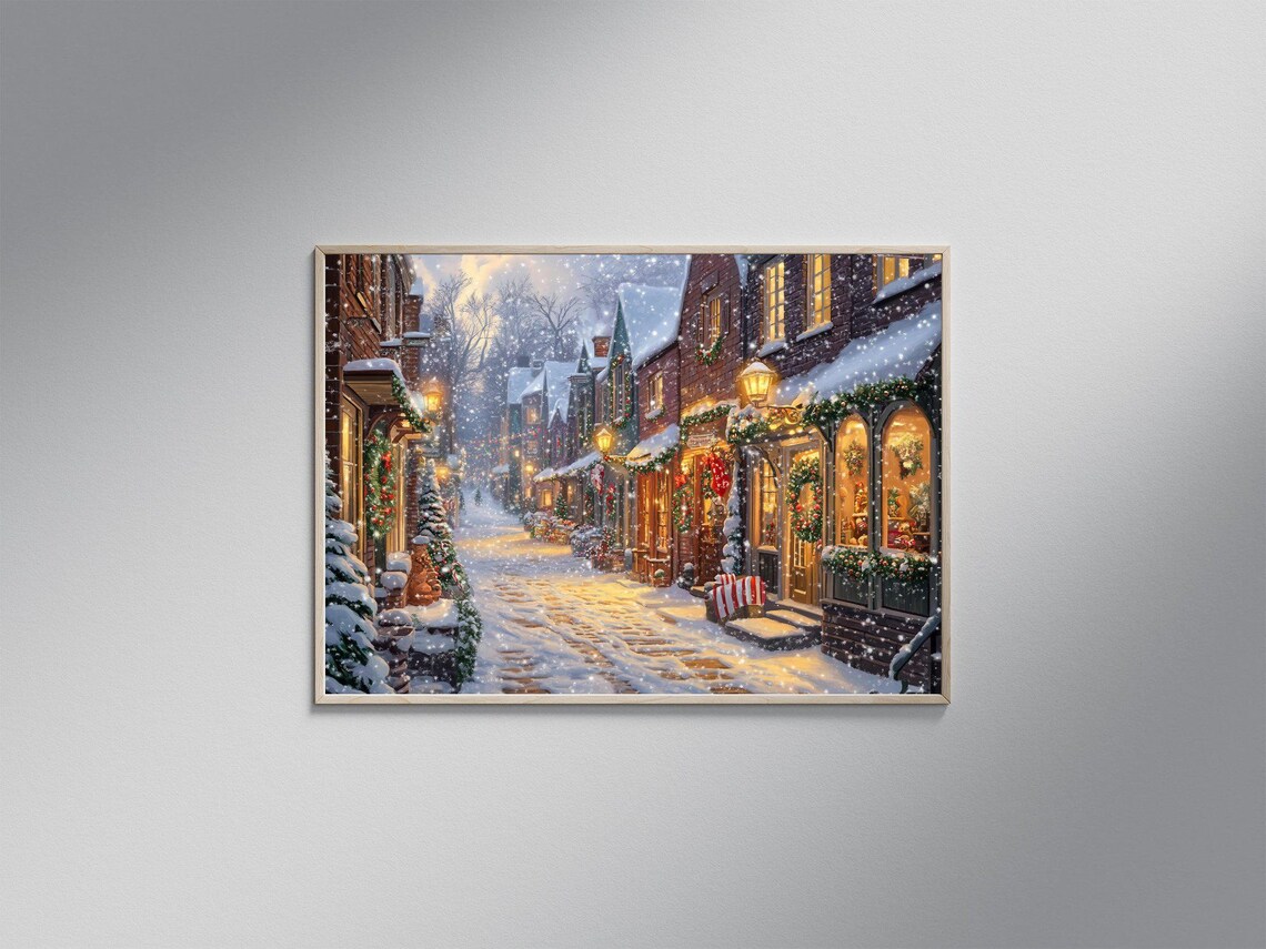 Christmas Village Town, Cozy Winter Night Art Print