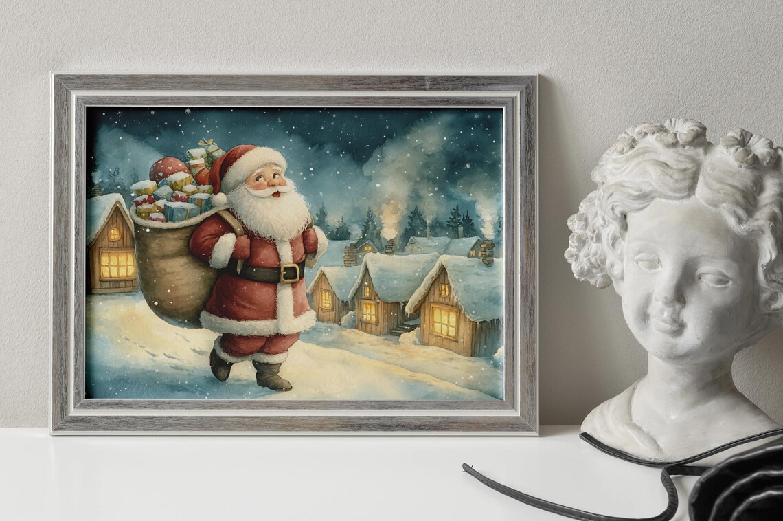 Santa With Gift Sack, Cozy Christmas Village Scene