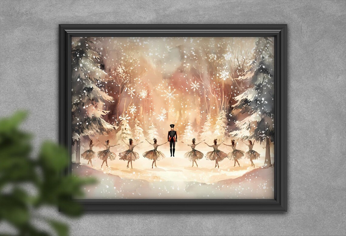 Nutcracker Snowy Forest Art Print, Christmas Ballet Scene
