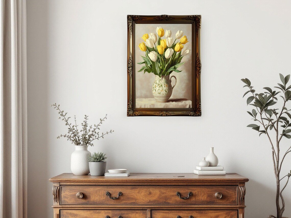Yellow And White Tulips, Vintage Vase Art Print - Image 3