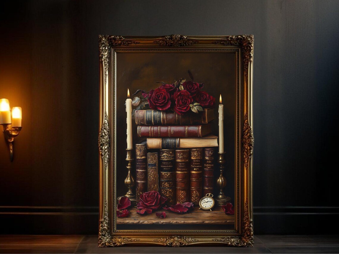 Dark Academia Vintage Books And Roses Art Print