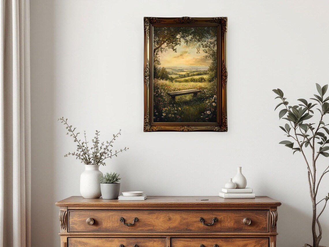 Serene Countryside View, Peaceful Meadow Landscape Art Print - Image 3