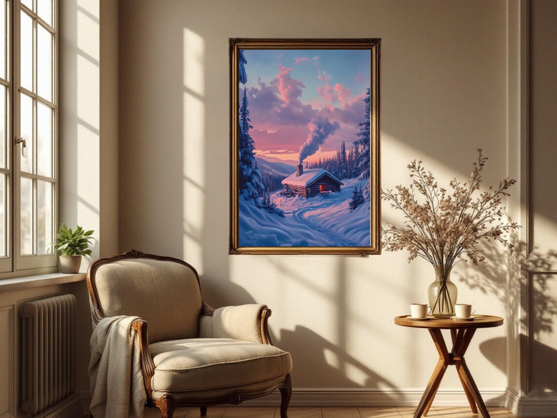 Winter Cabin - Snowy Forest Landscape Poster - Image 3