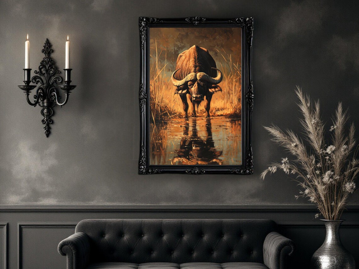 African Buffalo Art Print, Rustic Wildlife Painting - Image 3