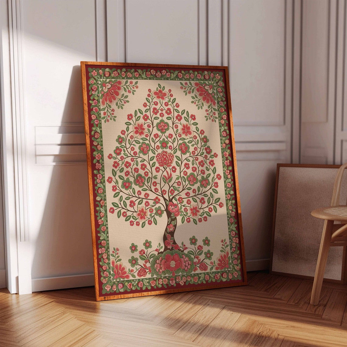 Pink Blossom Indian Tree of Life Maroon Border Poster Botanical Decor