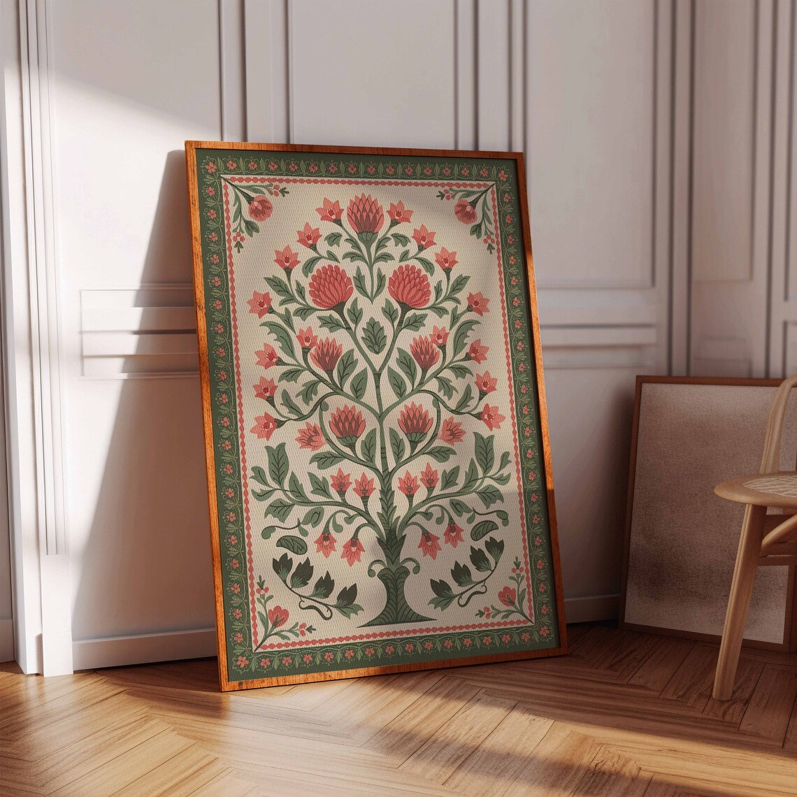Coral Red Indian Tree of Life Green Border Botanical Poster Flower Art