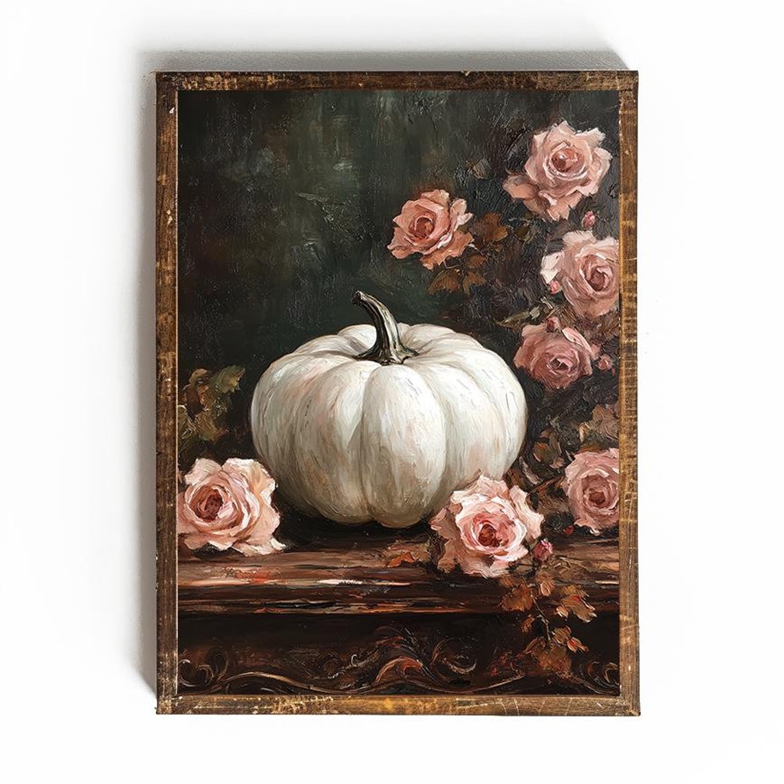 White Pumpkin With Pink Roses Dark Fall Still Life Wall Poster