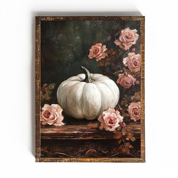 White Pumpkin With Pink Roses Dark Fall Still Life Wall Poster