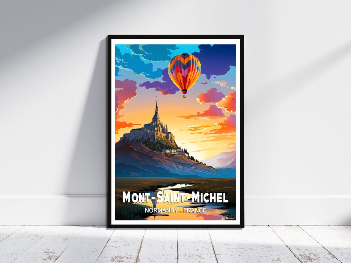 Mont Saint Michel Sunset Hot Air Balloon Normandy Travel Poster