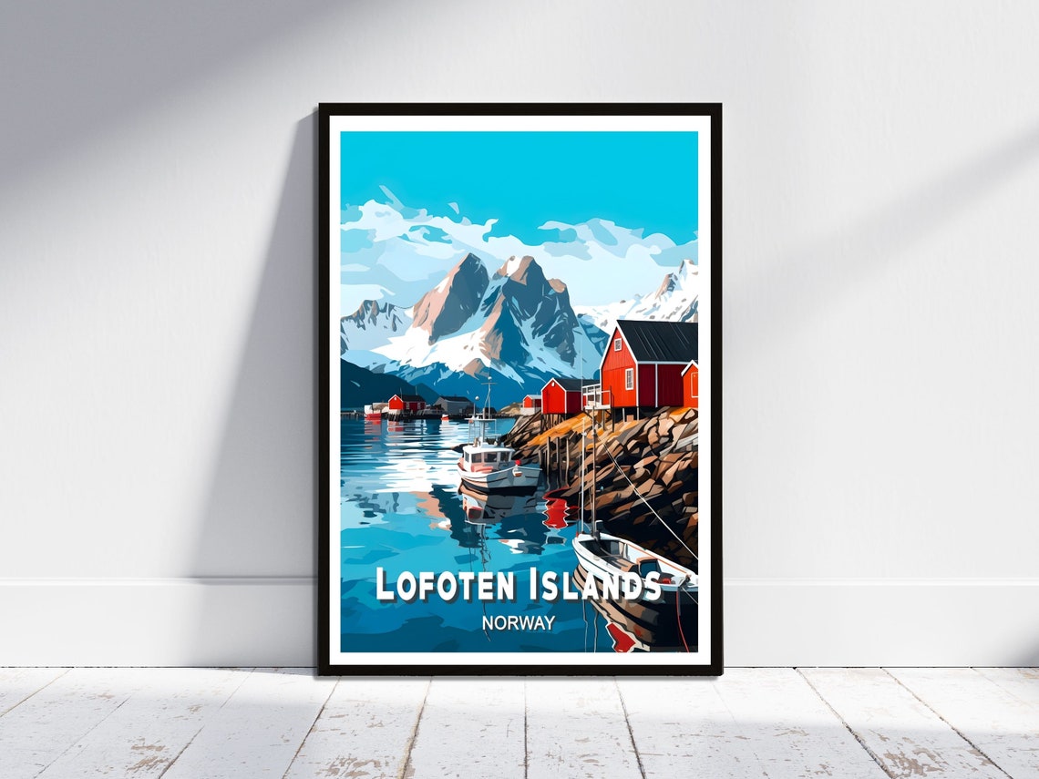 Lofoten Islands Norway Red Fishing Cabins Snowy Peaks Poster Art