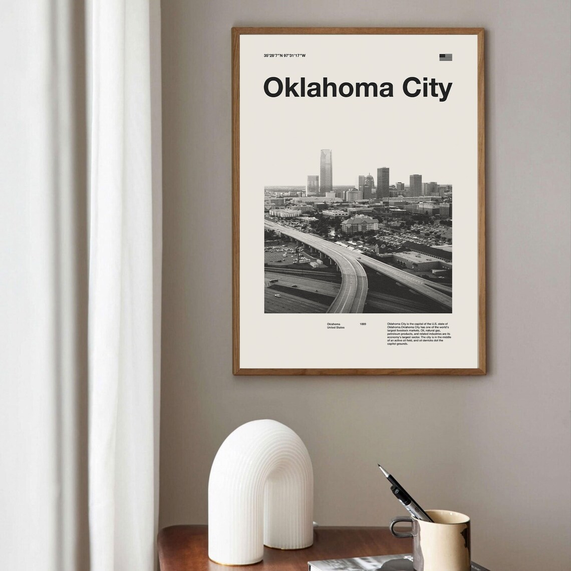 Travel Oklahoma City Mid Century Black White Skyline Photo Poster - Image 3