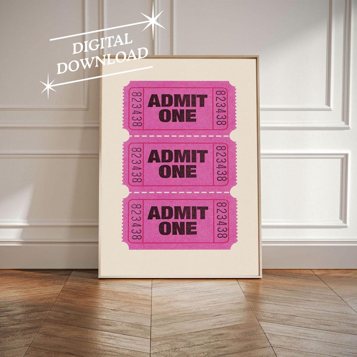 Vintage Three Pink Admit One Tickets Retro Cinema Art Poster