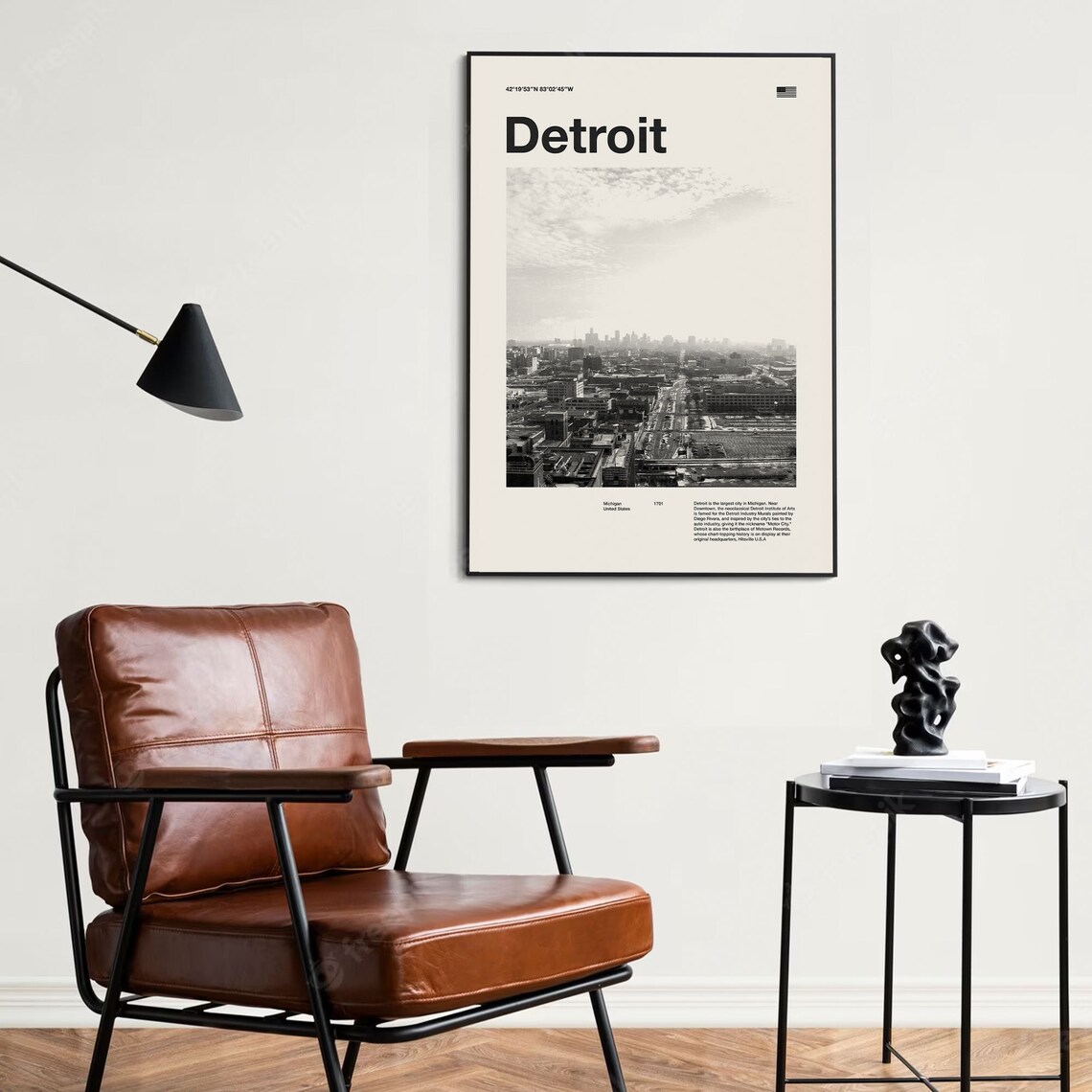 Detroit Michigan Minimalist Black White Skyline Photo Poster - Image 4