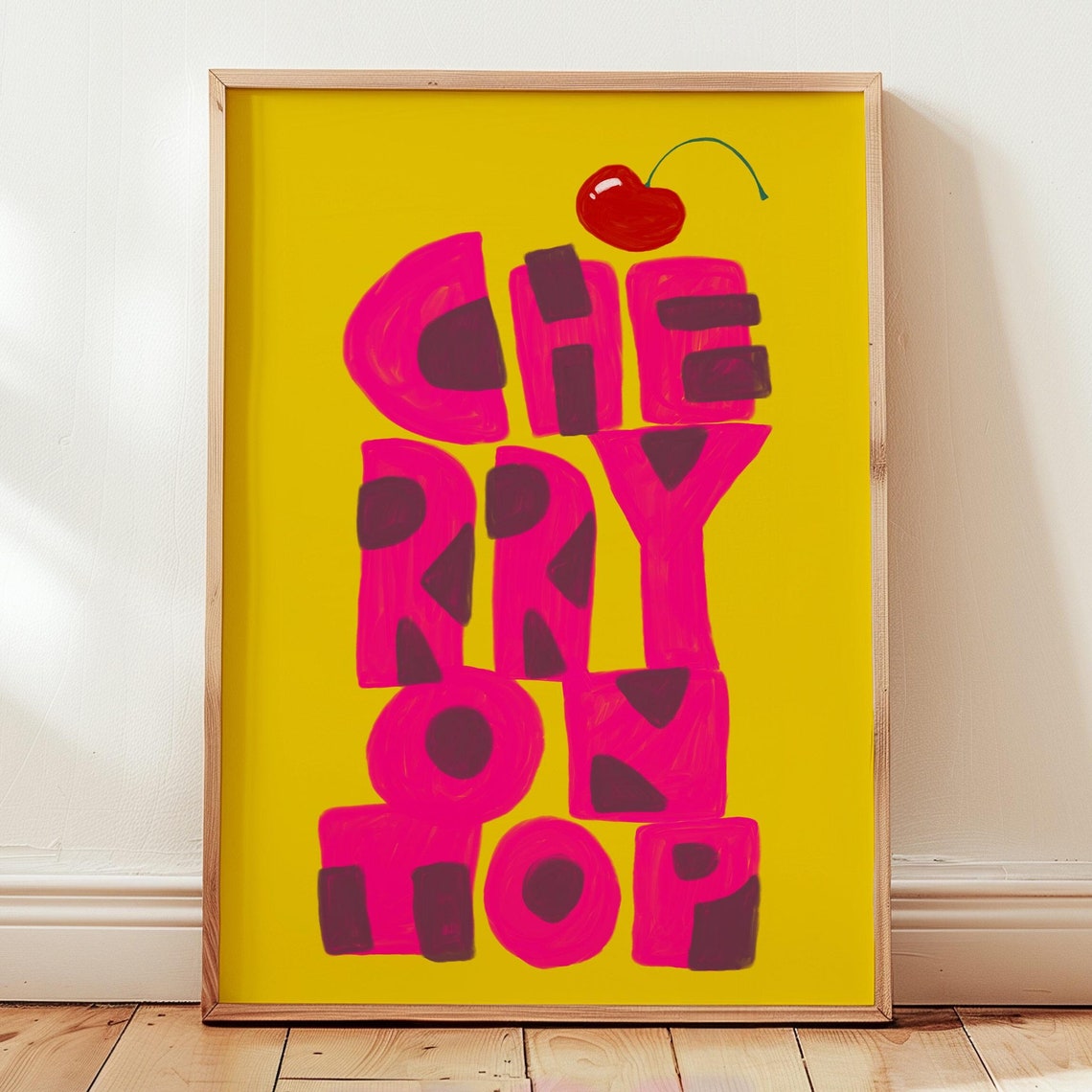Cherry On Top Hot Pink Typography Pop Art Kitchen Poster Decor