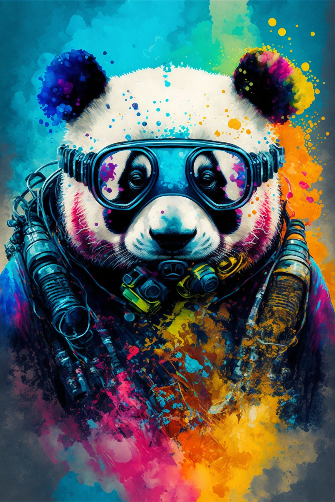 Panda Scuba Diver Pop Art Color Splash Animal Portrait Print
