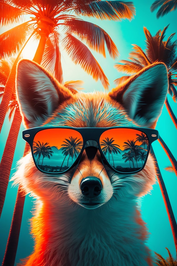 Fox in Sunglasses With Palm Tree Reflection Tropical Summer Poster