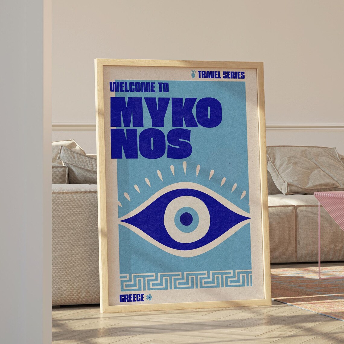 Welcome To Mykonos Greece Poster with Evil Eye Travel Series Art