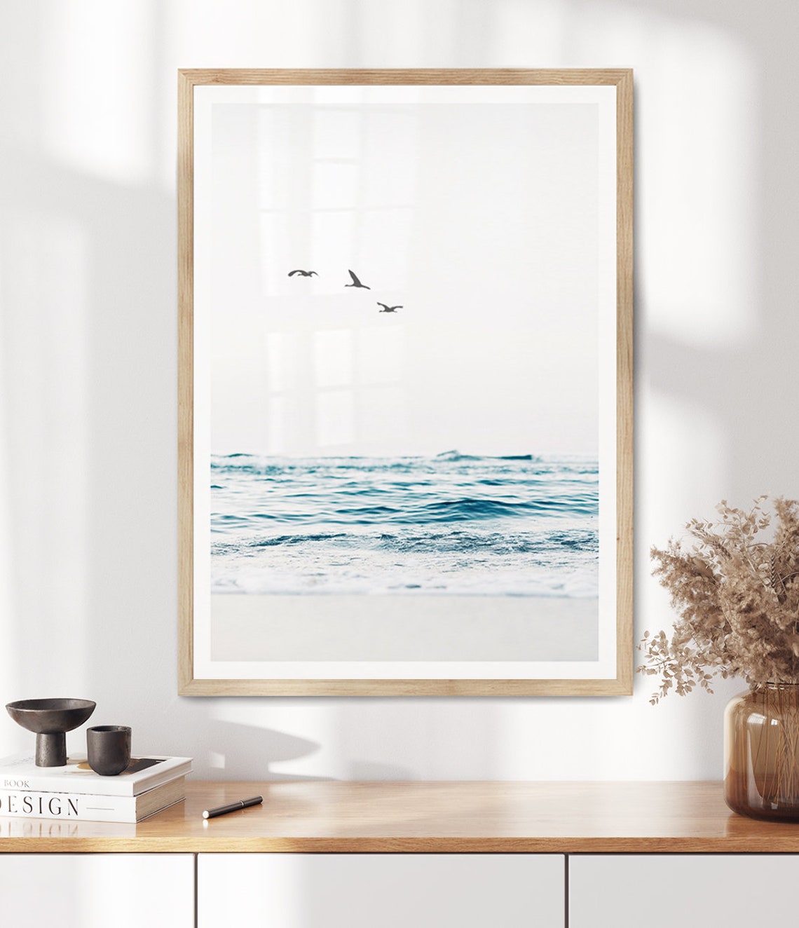 Three Birds Over Turquoise Ocean Waves Minimal Beach Wall Art Poster - Image 3