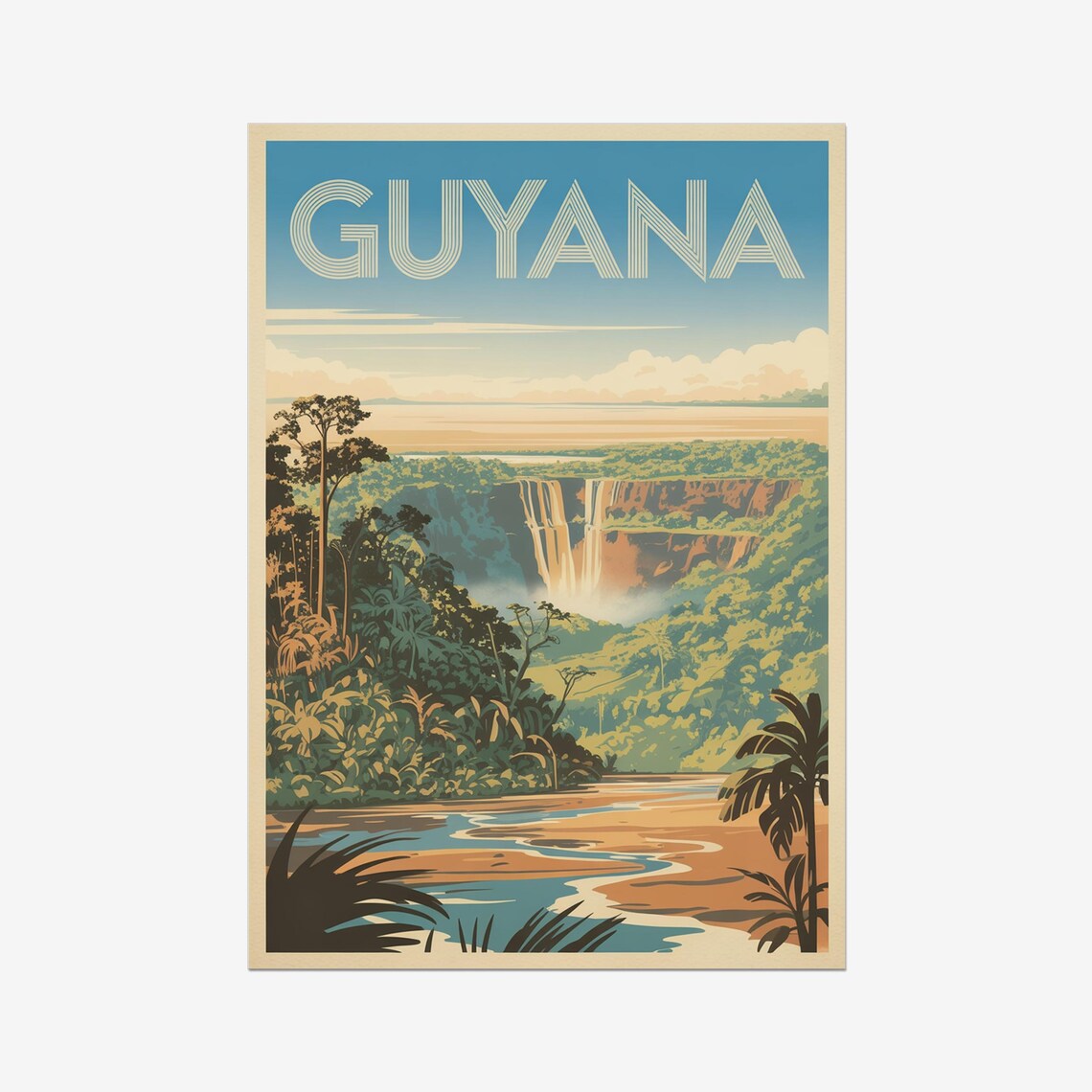 Guyana Vintage Travel Poster With Kaieteur Falls Jungle Waterfall View