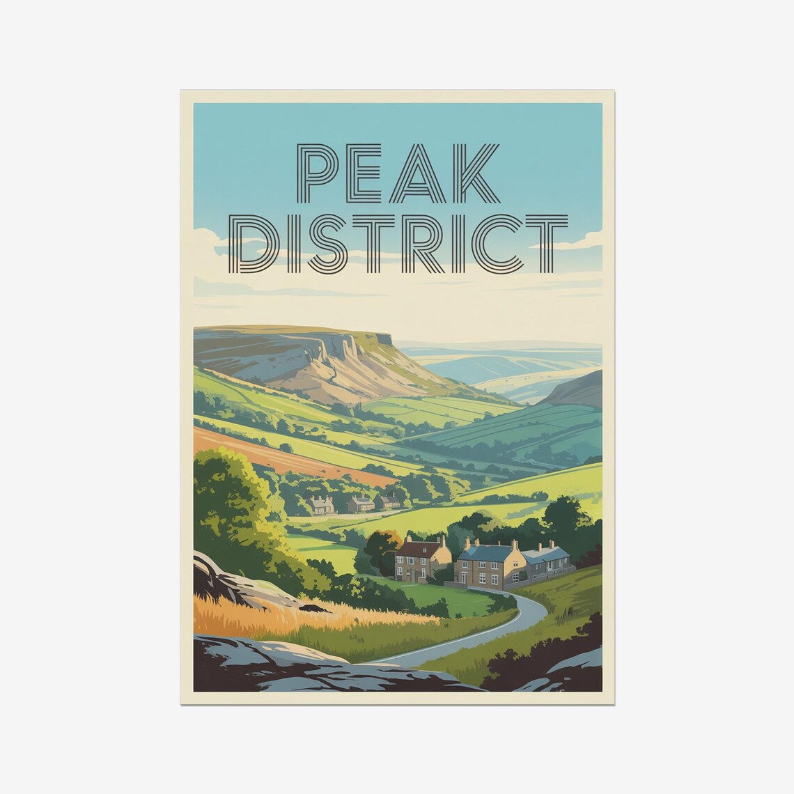 Peak District England Rolling Hills Village Vintage Travel Poster