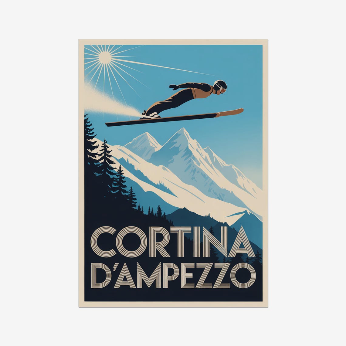 Cortina d'Ampezzo Vintage Ski Poster Soaring Jumper Alpine Scene