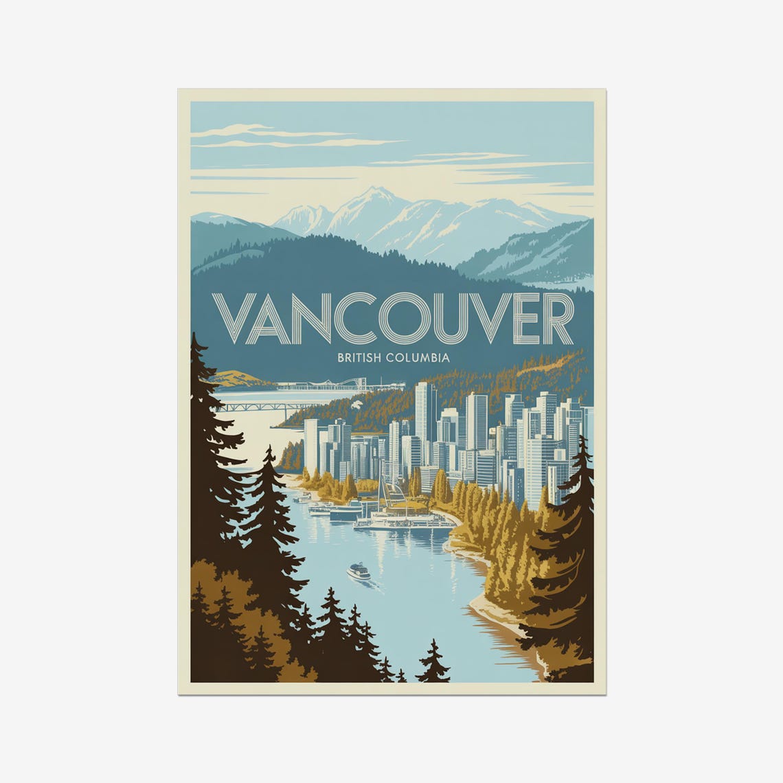 Vancouver British Columbia Skyline Mountains Harbor Retro View Poster