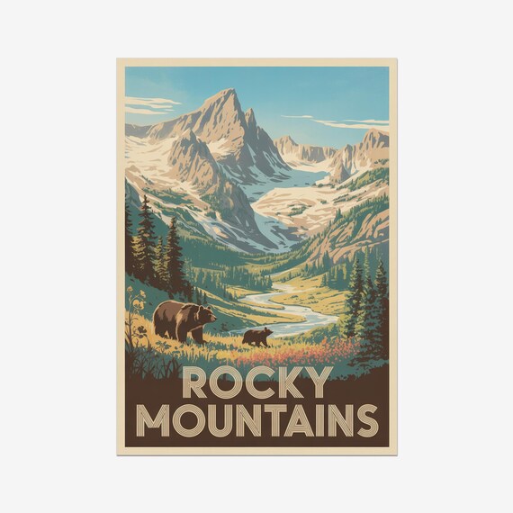 Rocky Mountains Bears Snowy Peaks Valley Vintage Travel Poster