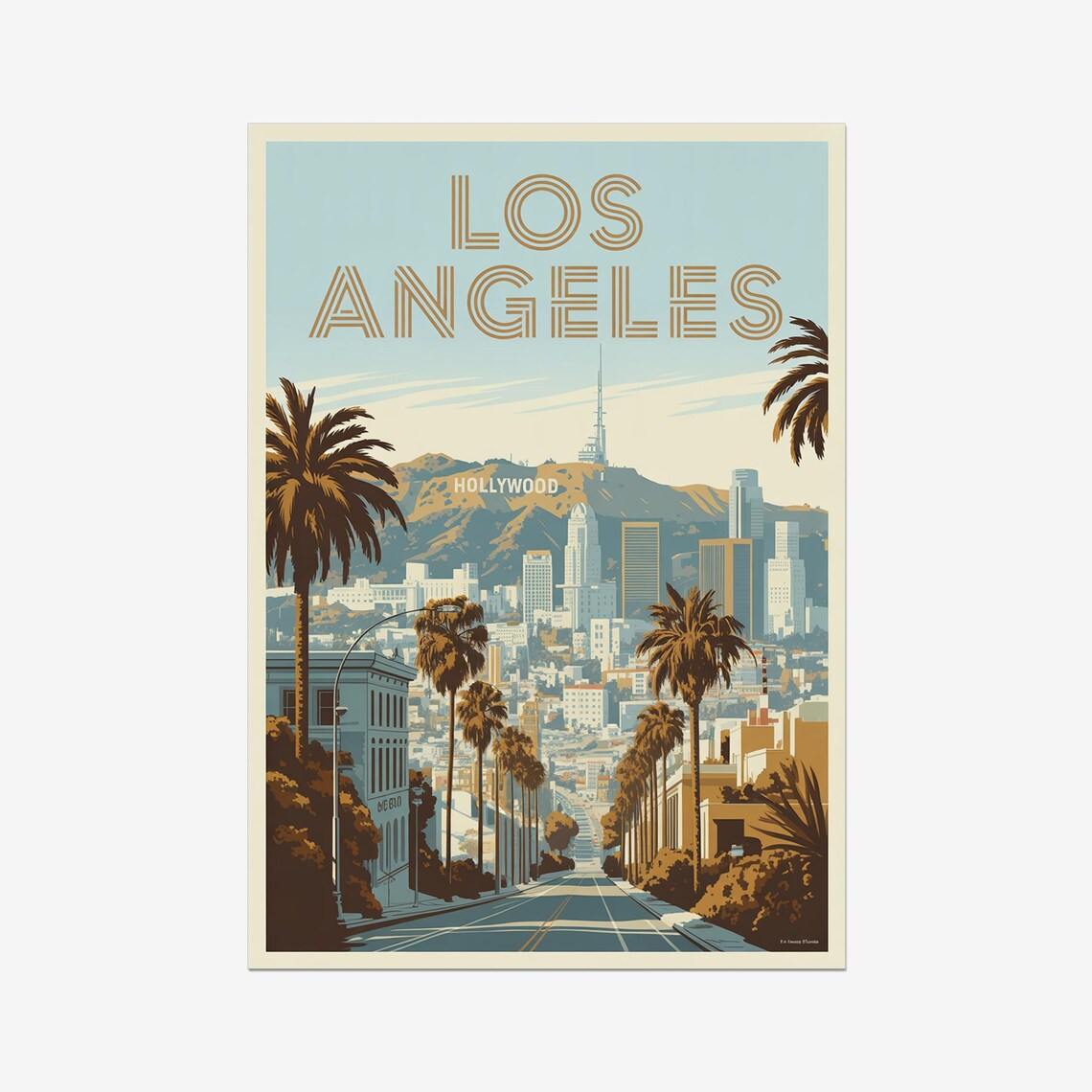Los Angeles Hollywood Sign Palm Lined Street Retro Travel Poster