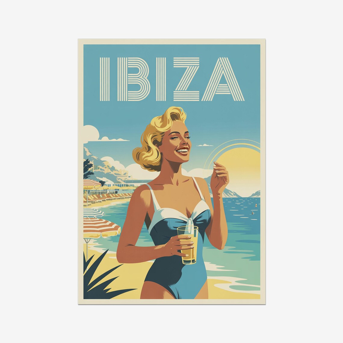 Ibiza Vintage Retro Pinup Beach Blonde Swimsuit Cocktail Travel Poster