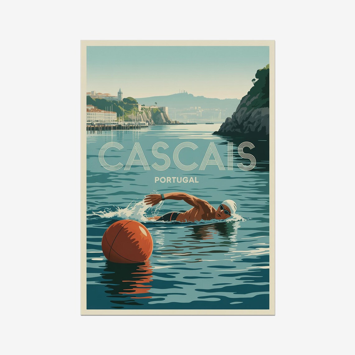 Cascais Portugal Open Water Swim Athlete Vintage Triathlon Poster