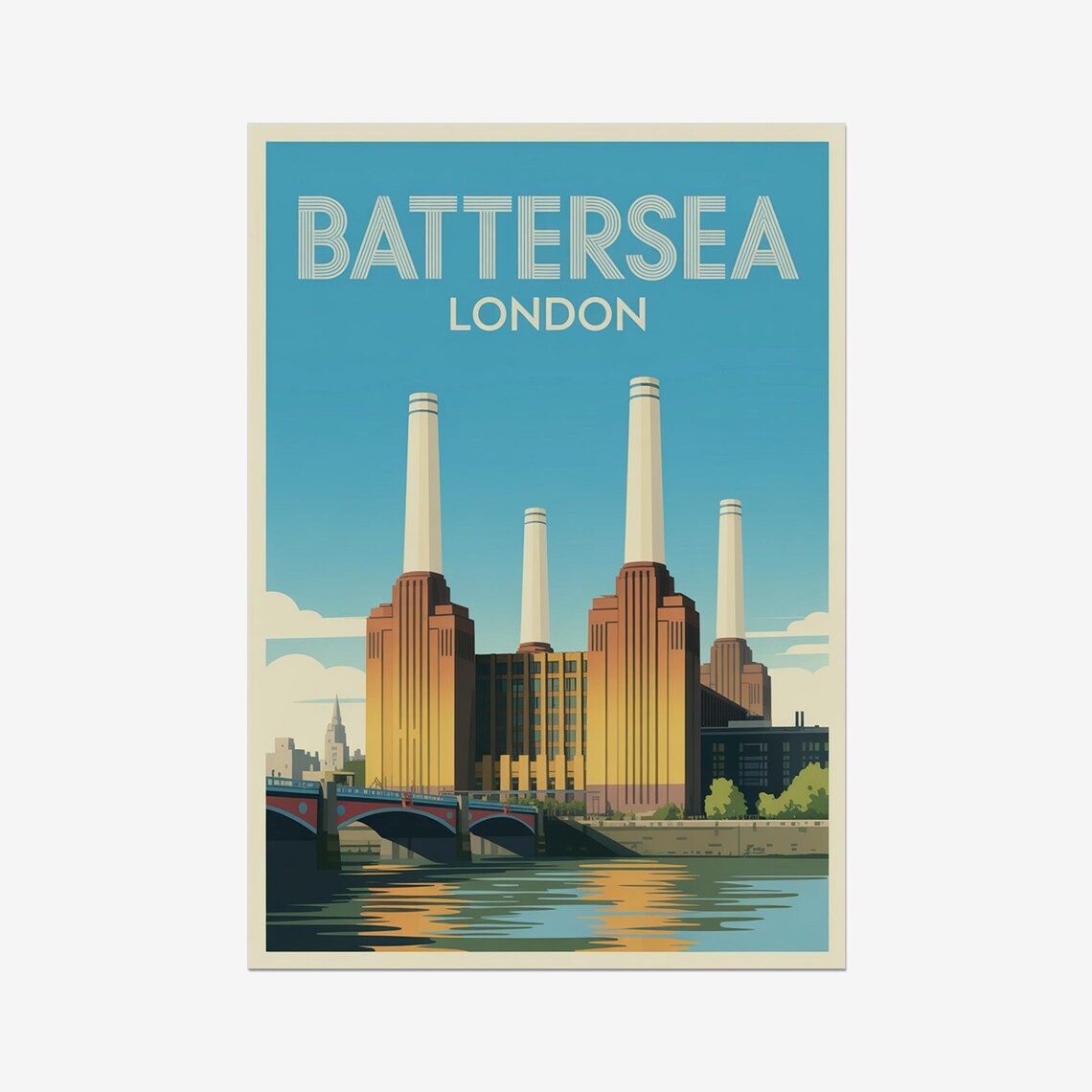 Battersea Power Station London Vintage Landmark Chimney Travel Poster