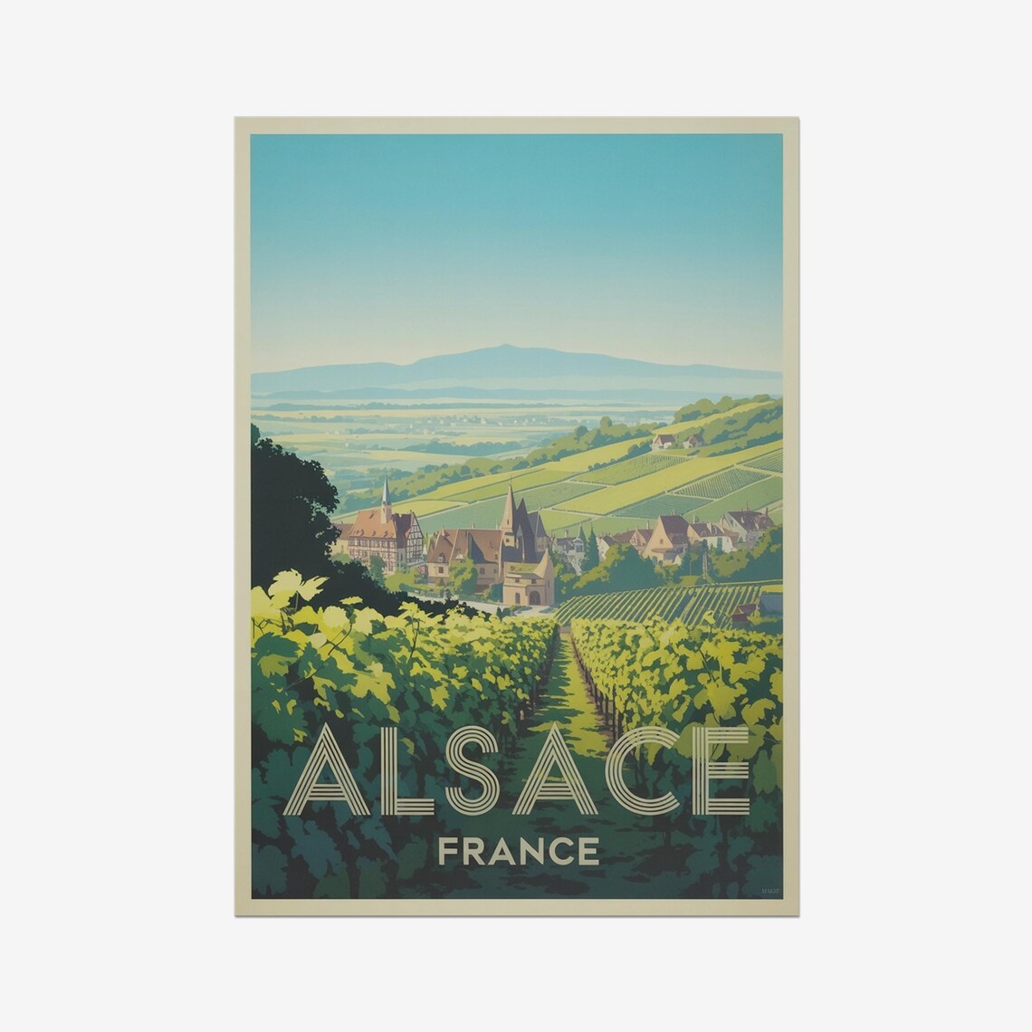 Alsace France Sunny Vineyard Village Church Vintage Wine Poster