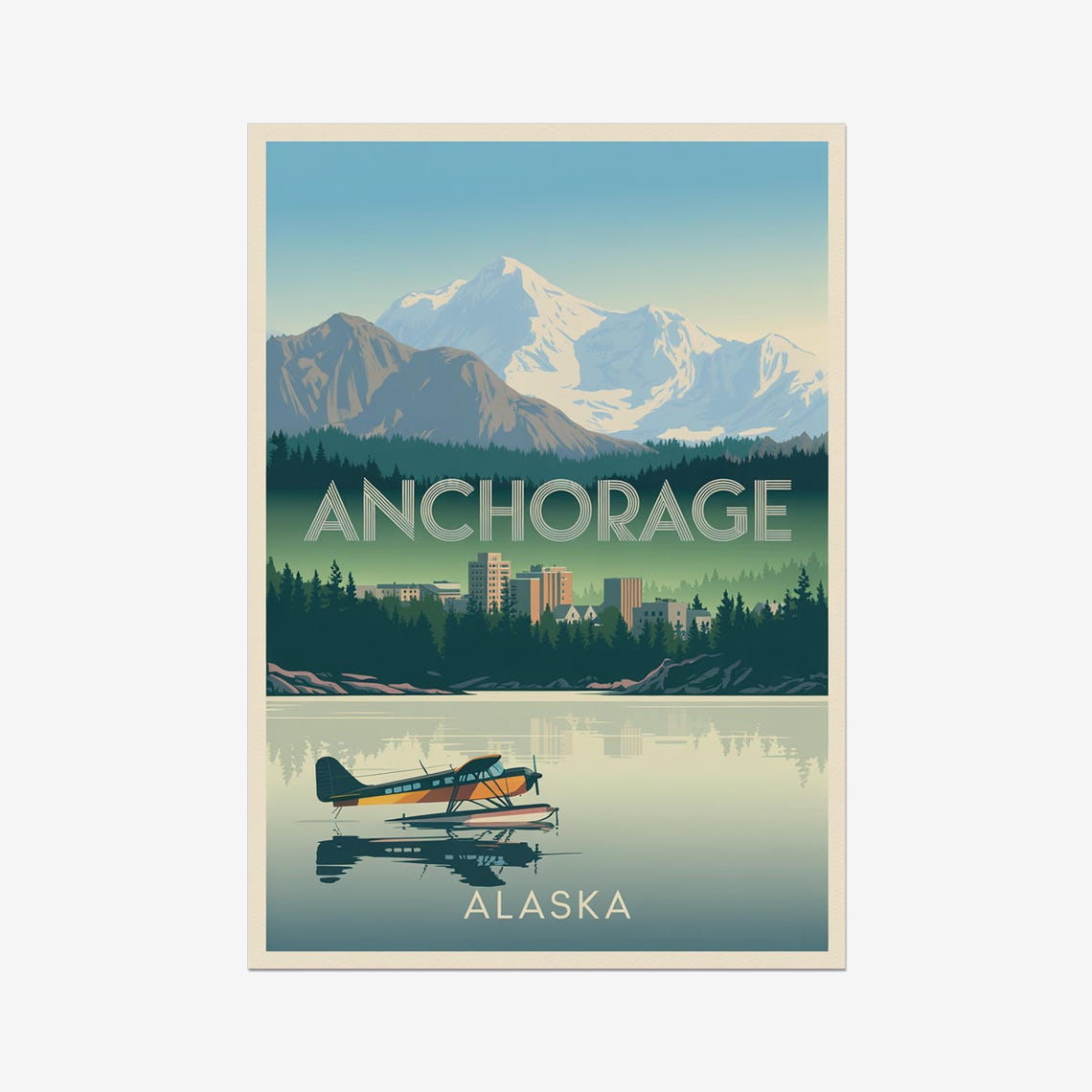 Anchorage Alaska Floatplane Lake Mountain Vintage Travel Poster
