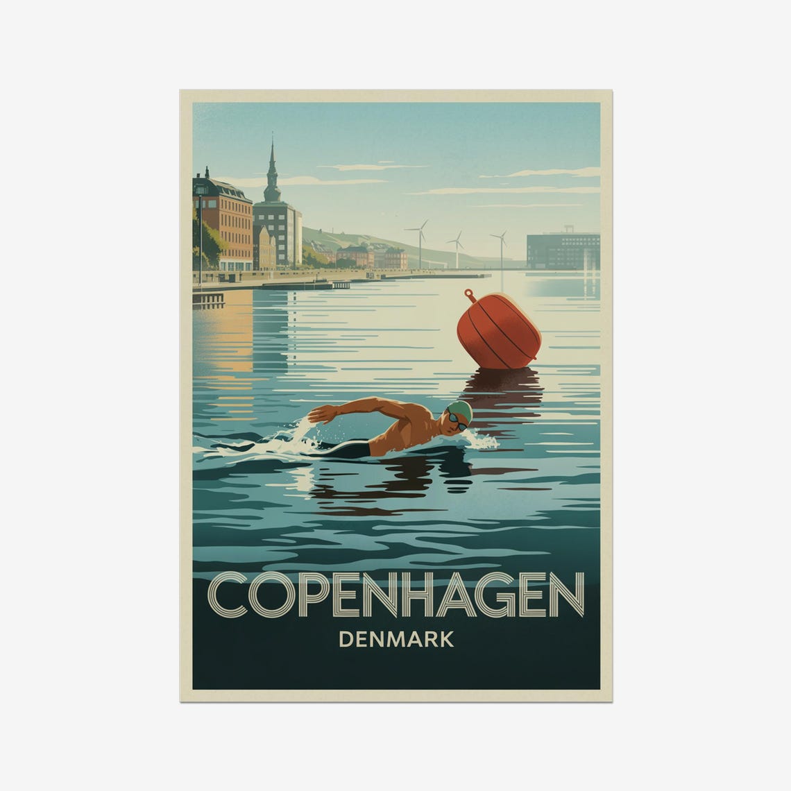 Copenhagen Denmark Triathlon Harbor Swimmer Vintage Sports Poster