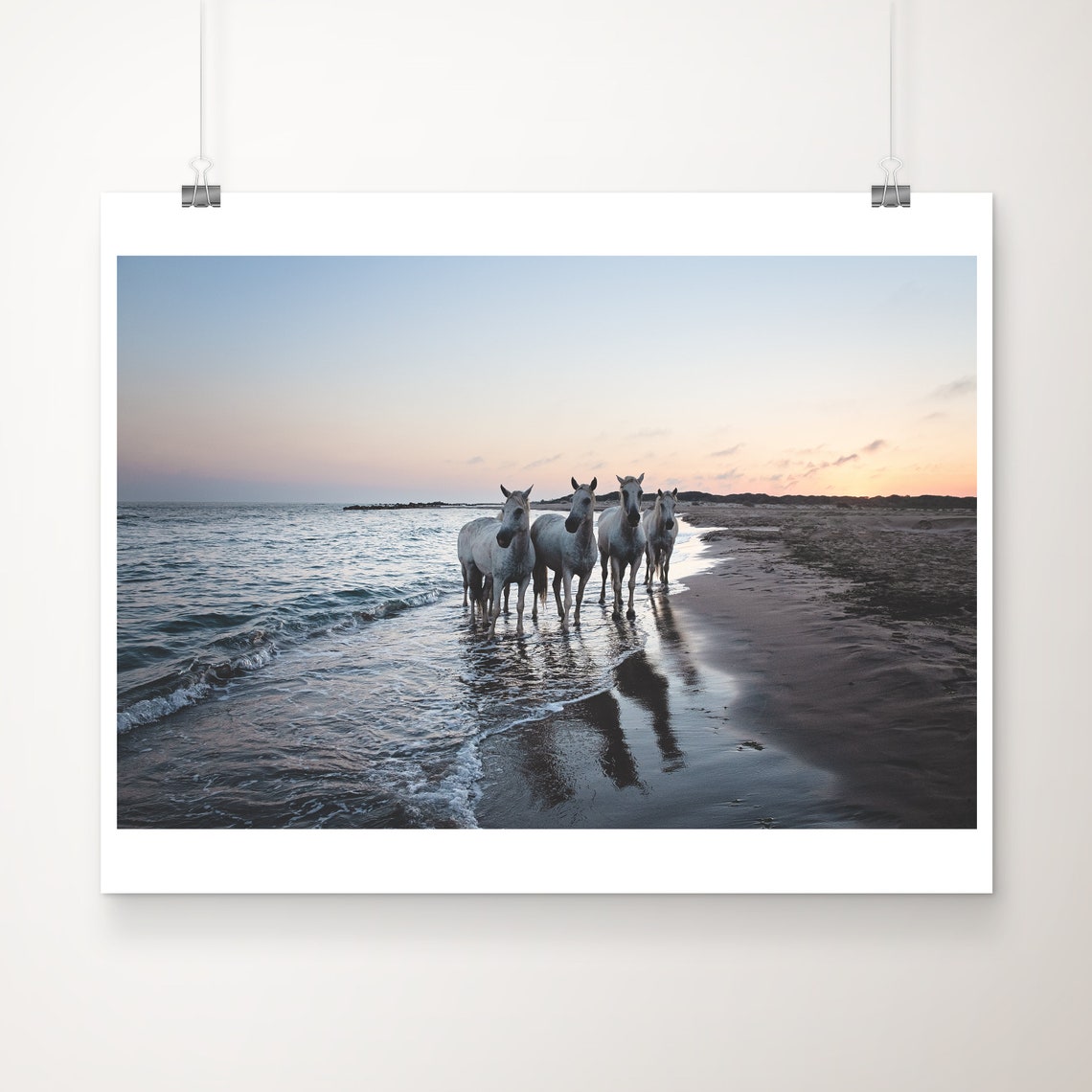 White Horses Standing In Surf At Dusk Beach Wildlife Art Poster
