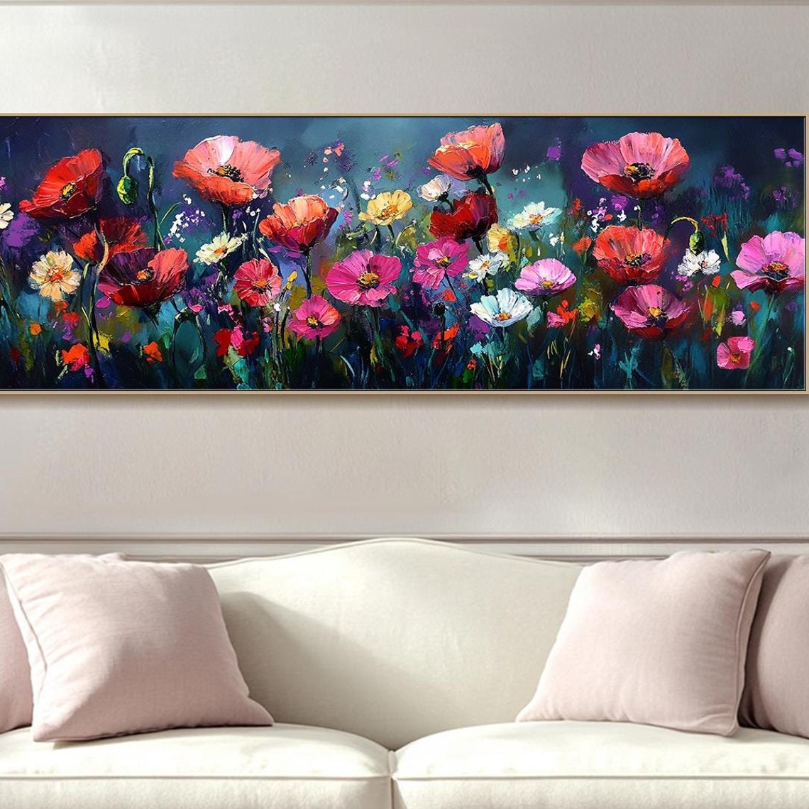 Vivid Poppies And Wildflowers On Midnight Blue Panoramic Wall Art