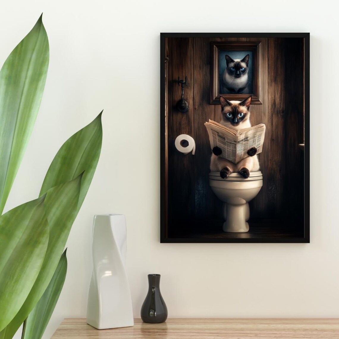 Siamese On Toilet Poster, Bathroom Cat Portrait - Image 2