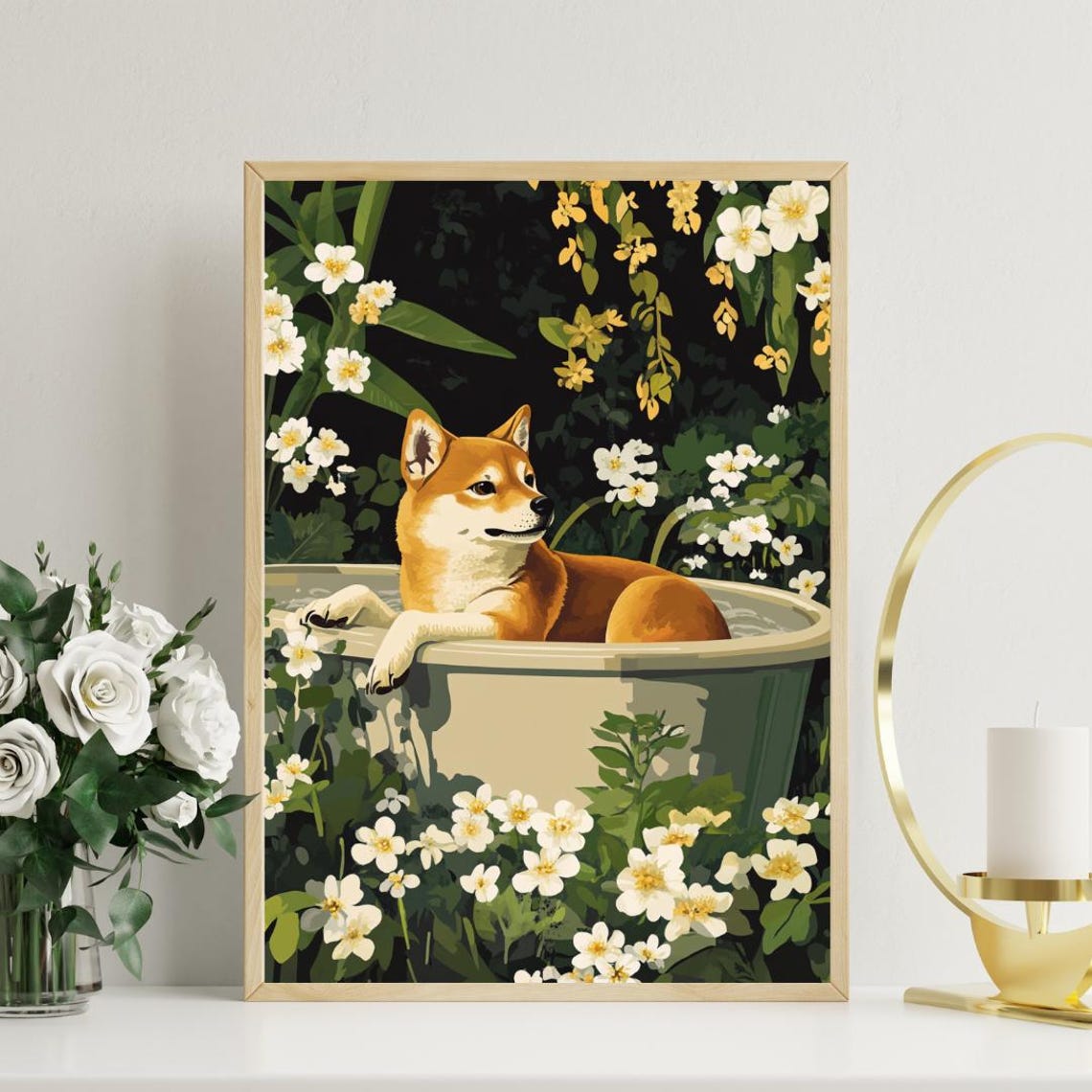 Shiba Inu Lounging In Flower Filled Bathtub Cute Funny Dog Poster - Image 3