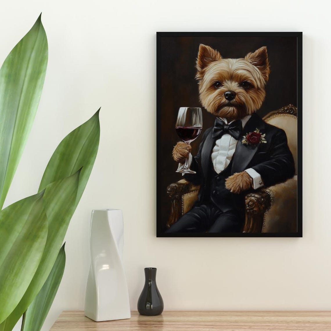 Biewer Terrier In Tuxedo Holding Red Wine Glass Dog Portrait Poster - Image 2