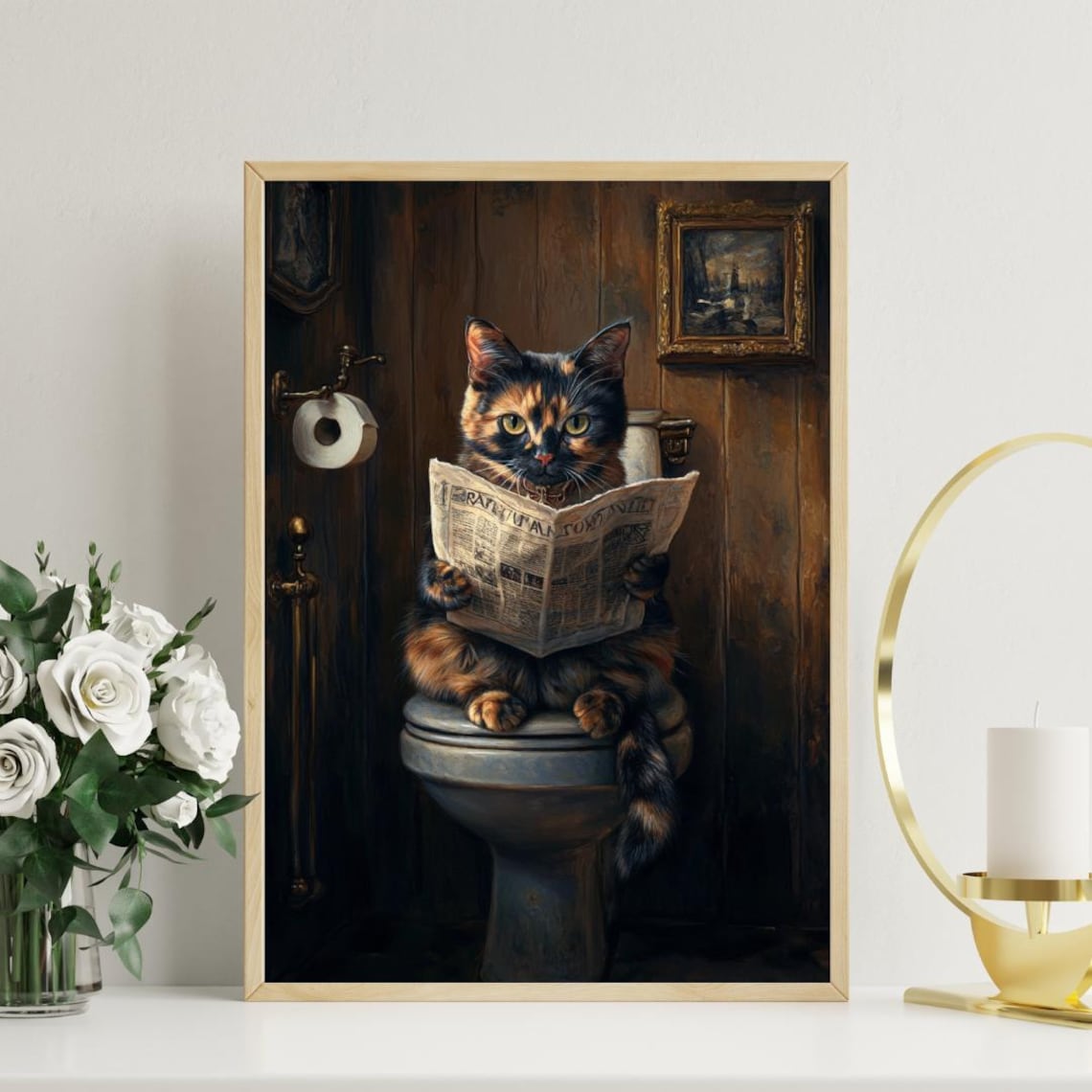 Tortoiseshell On Toilet Cat Bathroom Art Print - Image 3