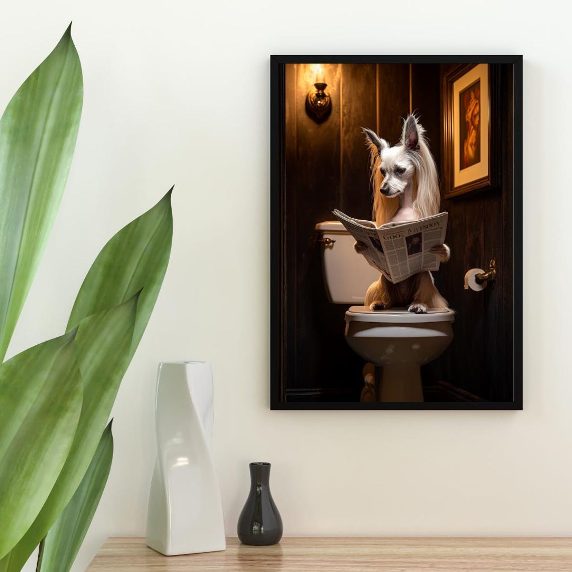 Chinese Crested Dog On Toilet Poster Dog Poster Chinese Crested Bathroom Print Dog Toilet Chinese Crested Portrait Dog Bathroom Poster - Image 2