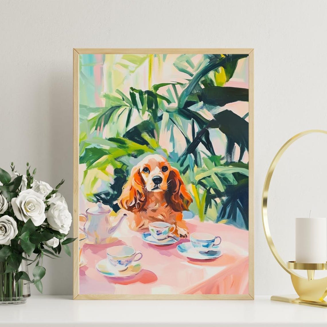 Cocker Spaniel Dog Garden Tea Party Pastel Oil Painting Poster - Image 3