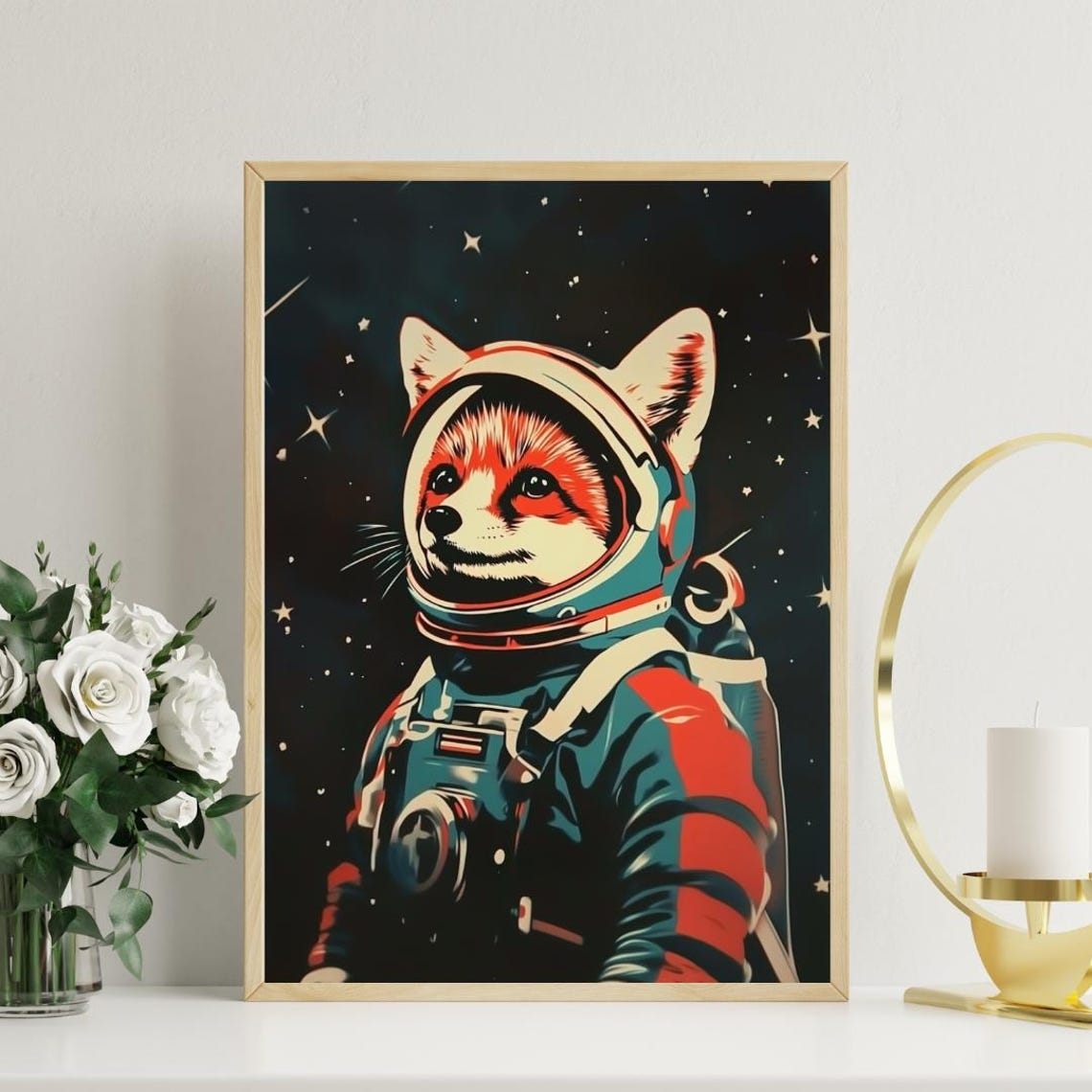 Red Fox Astronaut Vintage Retro Starry Space Portrait Poster - Image 3