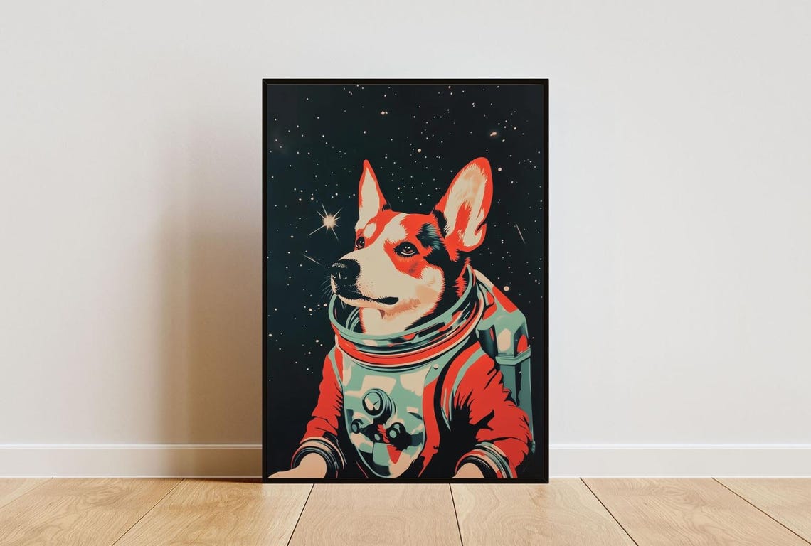 Corgi Astronaut Vintage Retro Starry Space Portrait Poster Art