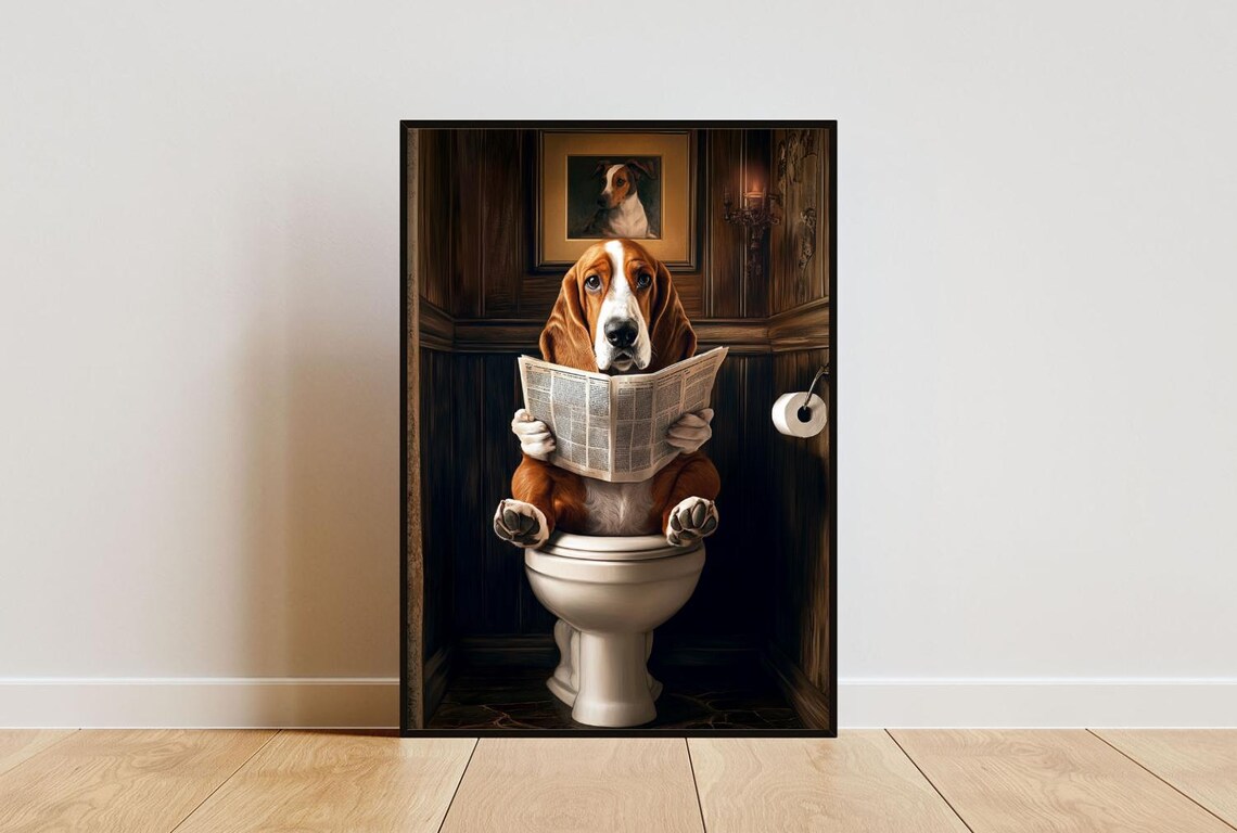 Basset Hound on Toilet Bathroom Art Print
