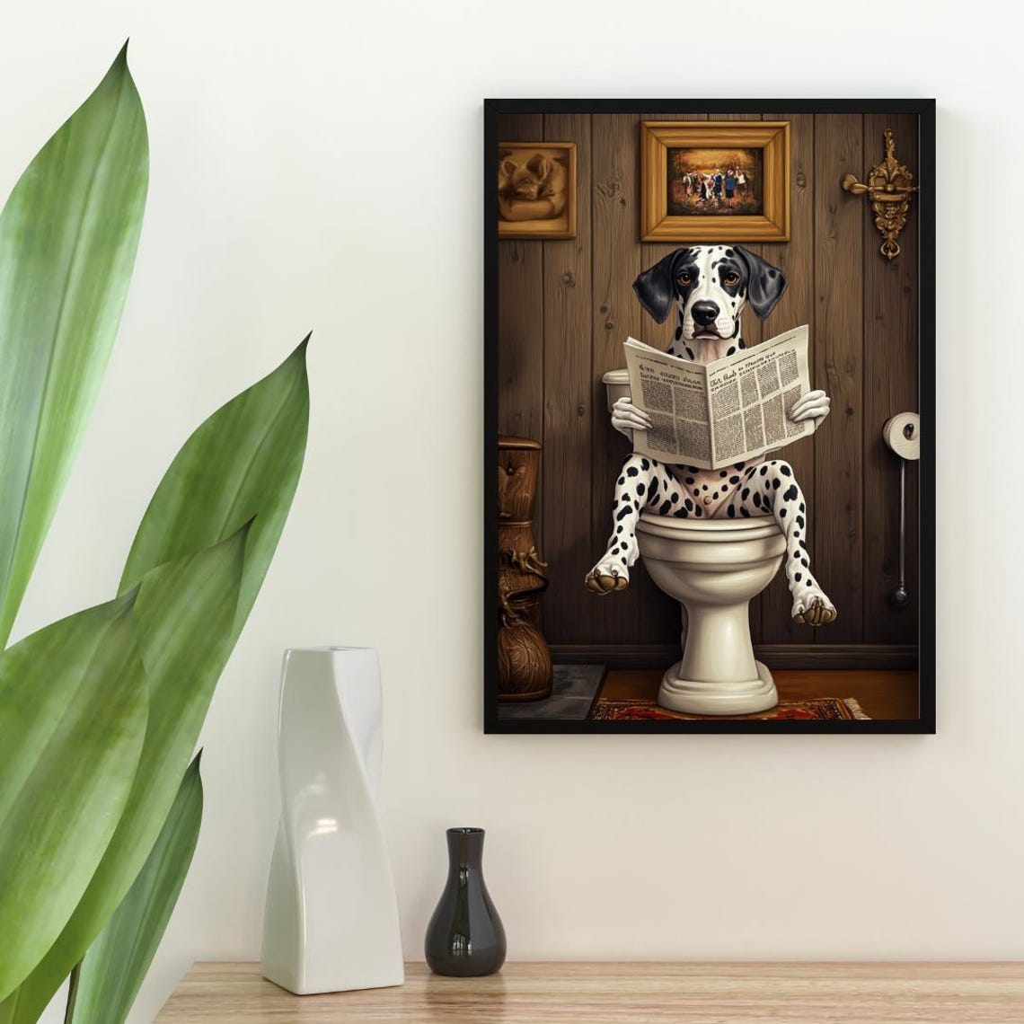 Dalmatian on a Toilet Reading a Newspaper in a Rustic Bathroom Poster - Image 2