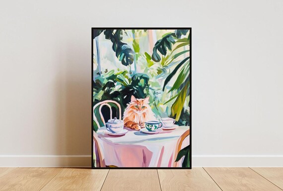 Persian Cat Tea Party Fluffy Orange Oil Painting Colorful Poster