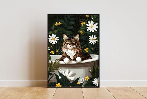 Maine Coon In Bathtub Poster Funny Cat Poster Maine Coon Bathroom Print Maine Coon Bath Poster Pet Poster Funny Cat Bathroom Wall Art