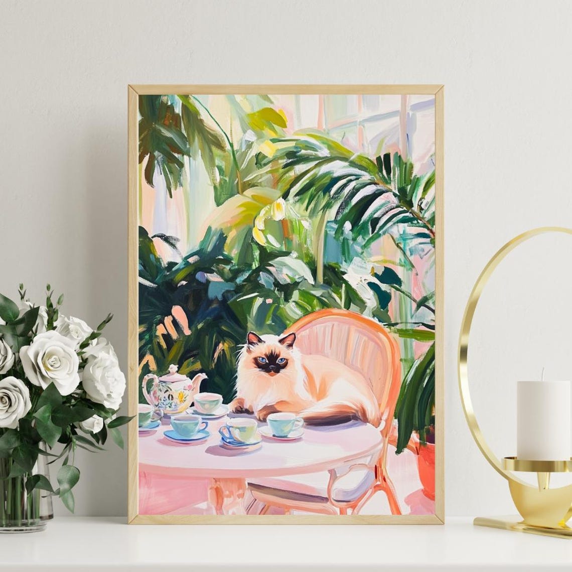 Birman Cat at Tea Table Whimsical Colorpoint Cat Painting Poster - Image 3
